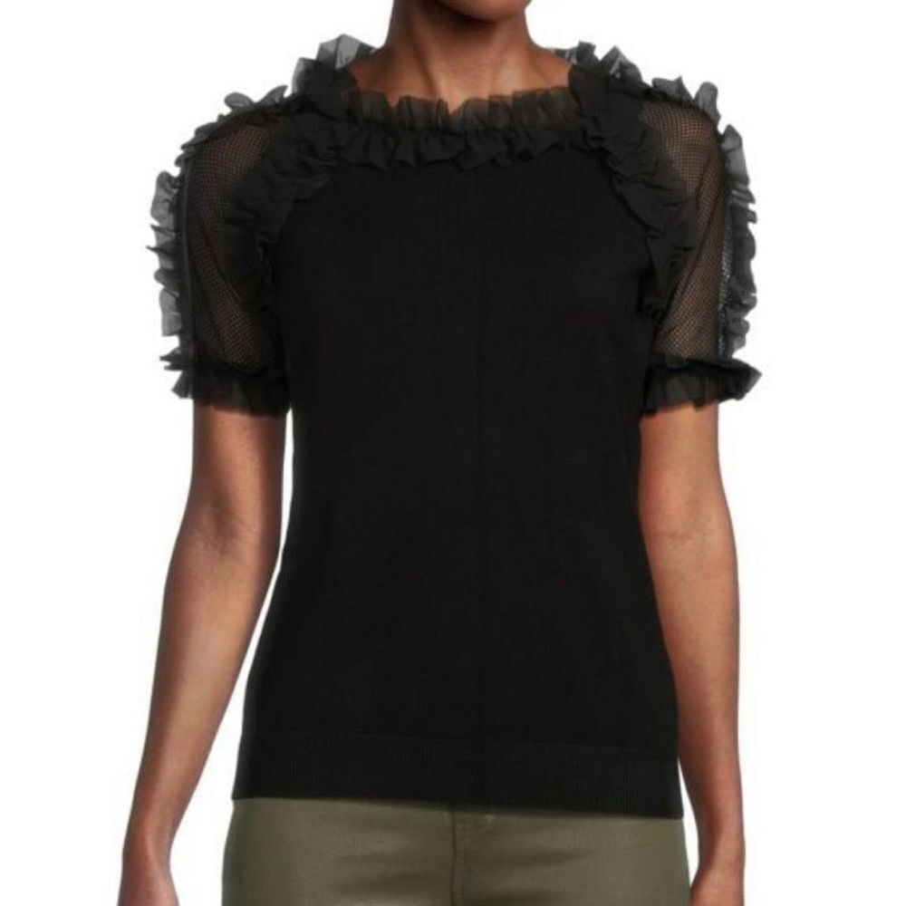 SIONI Black Mixed Media Mesh & Ruffle
Short Sleeve Roundneck Top Sweater XL